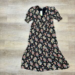 Boden Dress Wild Cluster 12UK 8USCrew Neck Knee Length‎ Floral Black Long Sleeve